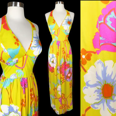 Vintage 60s 70s Cole of California Halter Maxi Sun Dress S Small Yellow Pink Psychedelic Big Bold Floral Nylon Lounge Sundress Lemon Girl 