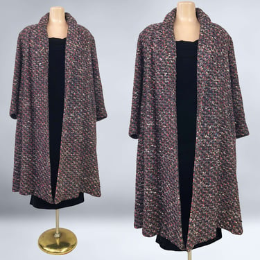 VINTAGE 40s 50s Full Shawl Swing Coat in Basket Weave Tweed by Oppenheim Collins | 1940s 1950s Wool Trapeze Overcoat Dress Jacket | VFG 