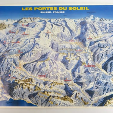 Vintage LES PORTES DU SOLEIL SKI MAP TRAVEL POSTER ART 35 X 26 Swiss French Alps