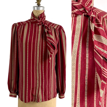 1980s vintage maroon striped blouse with neck tie detail - size L 