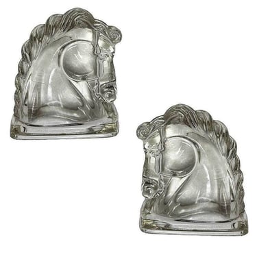 Art Deco Federal Pressed Clear Glass Horse Head Bookends 