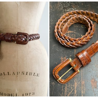 Vintage ‘80s ‘90s JOAN & DAVID brown leather braided belt | faux chic embossed leather belt, adjustable, L 