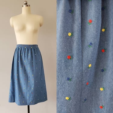 1970s Cotton Chambray Skirt with Embroidered Rosettes 70's Sanibel Embroidered Skirt 70s Women's Vintage Size Large 