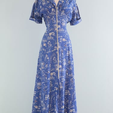 Utterly Charming 1940's Hawaiian Novelty Print Dressing Gown / ML
