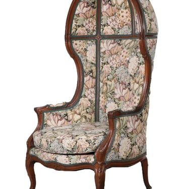 Armchair, French Porters chair, Wood Frame, Multicolor Fabric, Vintage, 20th C,