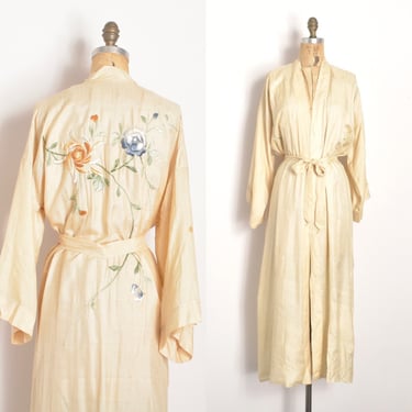 Vintage 1930s Robe / 30s Floral Embroidered Silk Kimono / Cream ( S M L ) 