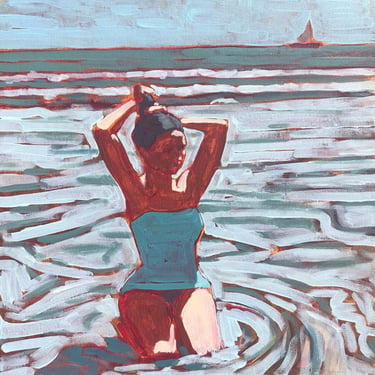 Woman in Ocean #4 - Original Acrylic Painting on Canvas 14 x 14, sunset, waves, swimsuit, turquoise, girl, fine art, one piece, michael van 