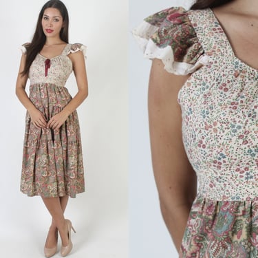 Calico Print Boho Wedding Dress, Fluttery Cap Sleeve Garden Sundress, Vintage 70s Romantic Prairiecore Mini Midi 
