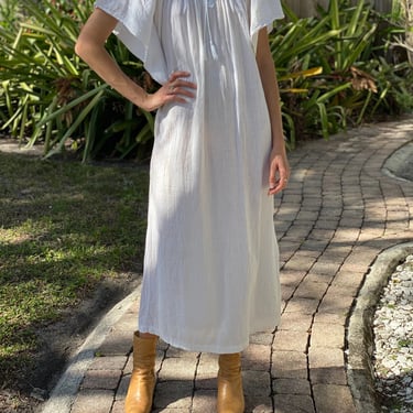 1970's White Cotton Dress / 70's Loungewear Summer Dress / Maxi Gown / Seventies Maxi Dress / Indian Cotton Dress 