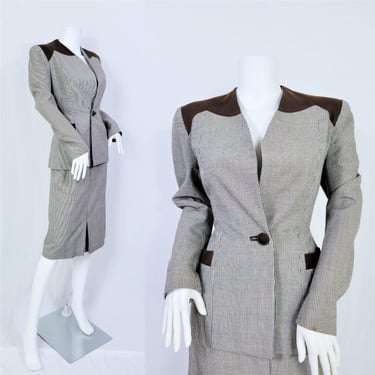 1940's Brown Cream Gabardine 2 Pc Houndstooth Check Wool Suit Set I Blazer I Jacket I Skirt I Sz Med 
