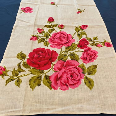 Vintage Floral Linen Tea Towel, Single kitchen towel, beautiful Bright floral tea towel, collectible Linens, vintage mcm textiles, Linen 