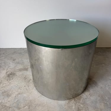 1980’s Paul Mayen for Habitat International Chrome Drum Side Table with Glass Top 