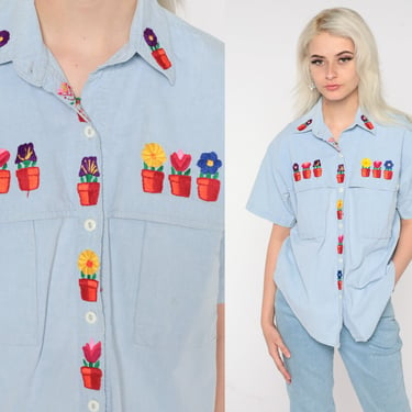 Flower Pot Shirt 90s Floral Chambray Button Up Shirt Blue Short Sleeve Embroidered Blouse Boho Retro Spring Top Pastel Vintage 1990s Large L 