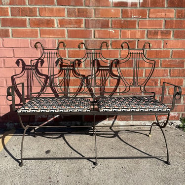 Vintage Maison Jansen Black Iron Lyre-Back Bench Settee Patio Seat Loveseat Chair X Base Neoclassical Italian Renaissance Regency Patio 