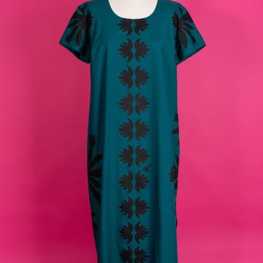 Vintage Mamo Howell Full-Length Dark Green and Black Tropical Print Hawaiian Mumu Kaftan Dress (M/L/XL) 