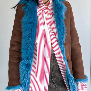 Brown And Bright Blue Shearling Lined Coat (XS-S)