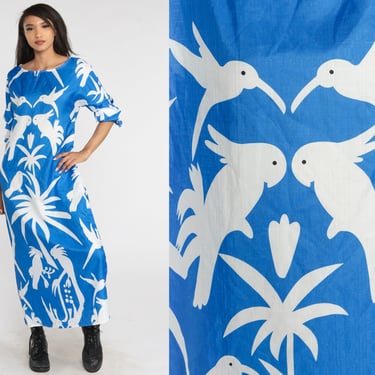 Bird Print Dress 80s Blue Tropical Maxi Dress Boho Cockatoo Palm Tree Print Column Summer Hippie Novelty Long Vintage 1980s Medium M 