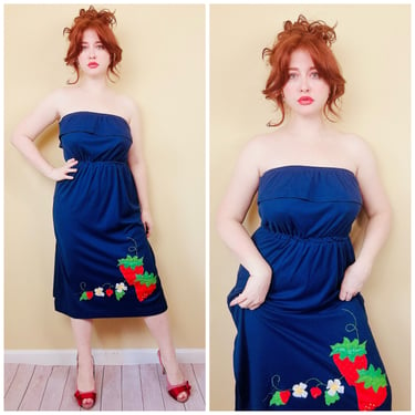 1970s Vintage The Frog Pond Jersey Sleeveless Dress / Navy Blue Ruffled Strawberry Applique Dress / Large 