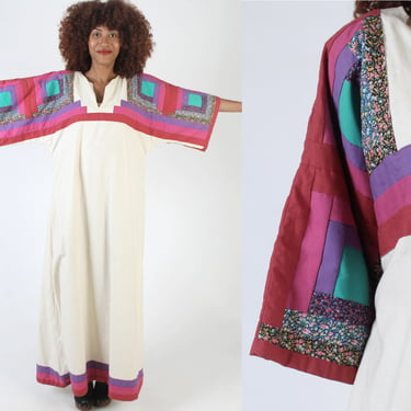 Quilted Patchwork Bell Sleeve Maxi Dress, Vintage Cotton Muslin Southwestern Style, Long Large Caftan Festival Dress 