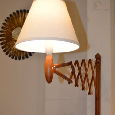 Teak Swiveling Super Size Scissor Wall Lamp w/ Cream Linen Shade