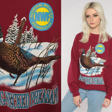 Bird Sweatshirt 80s 90s Ring Necked Pheasant Graphic Shirt National Wildlife Federation Sweater Animal NWF Pullover Burgundy Extra Large XL 