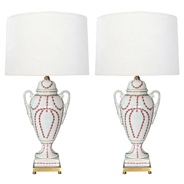 Pair Of French Louis XVI Syle White Porcelain Lamps with Hand-painted Belle Flowers