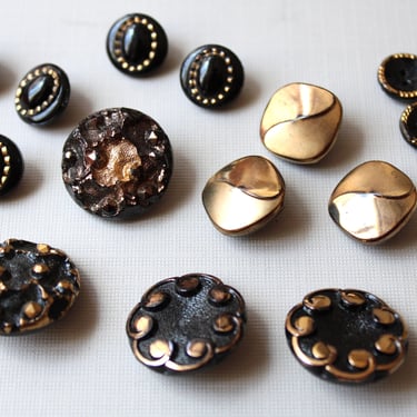 Black Glass Vintage Button Collection - Matching Sets 1920s - 1950s Fancy Gold Sewing Buttons 