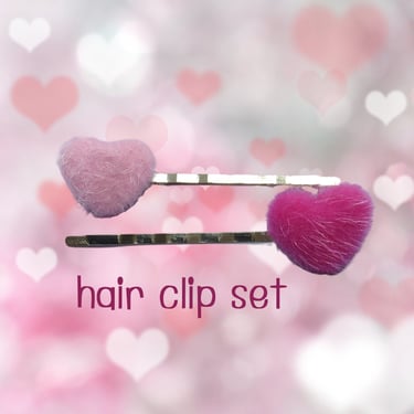 Heart Hair Clip Set Barrettes Faux Fur Fuzzy 