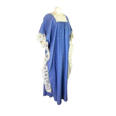 Vintage Shaheen Jrs 70s California Hawaii Denim Lace Caftan Retro Maxi Dress 