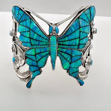 Artisan Huge Opal Inlay Butterfly Sterling Silver Cuff Bracelet Leaves Flowers 