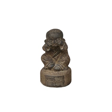 Oriental Gray Stone Little Lohon Monk Covering Eyes Statue ws3637E 