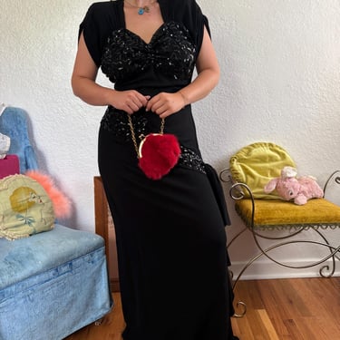 1940s Black Crepe Draped Gown with Sequins size Large 