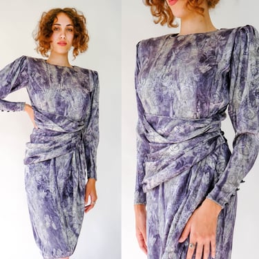 Vintage 80s Amen Wardy Gray & Silver Tie Dye Floral Brocade Bold Shoulder Dress w/ Rouged Wrap Belt | Made in Italy | 1980s Designer Dress 