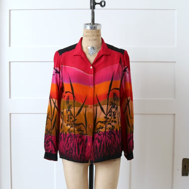 vintage 1970s sunset silk blouse • bright red orange & pink plant print handmade top 