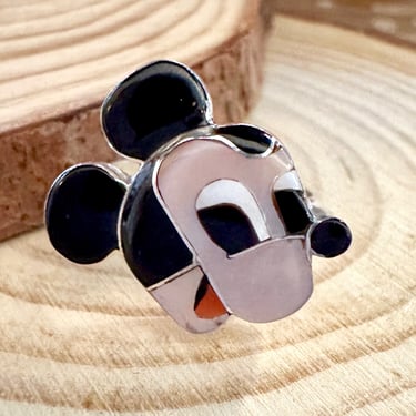 MICKEY MOUSE Zuni Toons Ring | Sterling Silver Jet Turquoise Spiny Oyster Mother of Pearl Inlay| Native American Zunitoon Sizes 7 1/4, 7 1/2 