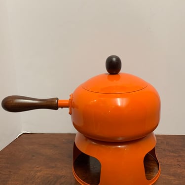 1960s Vintage Orange Fondue Pot with Stand 