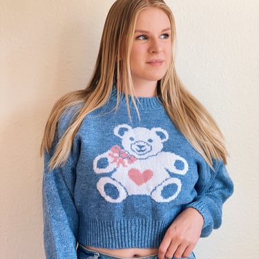 Vintage Pastel Blue Teddy Bear Cropped Sweater 