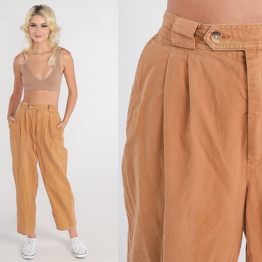 Tan Trousers 80s Pleated Ankle Pants High Waist Rise Straight Tapered Leg Slacks Office Preppy Basic Cotton Vintage 1980s Extra Small xs 25 