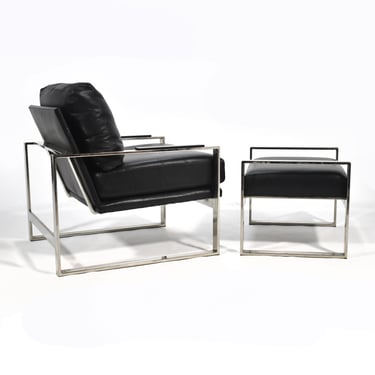 Chrome Frame Lounge Chair & Ottoman in the Manner of Milo Baughman