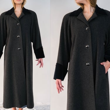 Vintage 80s Carolina Herrera Gray Wool Broad Shoulder Overcoat w/ Navy Blue Velvet Accents | Made in USA | 1980s Designer Winter Jacket 