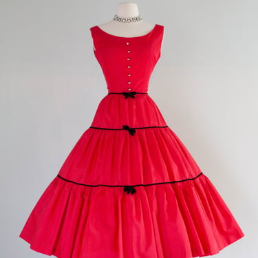 Gorgeous 1950's Cherry Red Taffeta Party Dress With Velvet Bows / Small