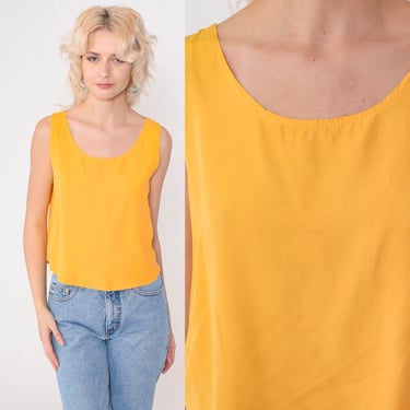 Marigold Yellow Tank Top 90s Camisole Retro Basic Cami Simple Warm Gold Sleeveless Shirt Scoop Neck Blouse Plain Vintage 1990s Rayon Small S 