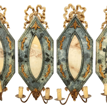 Antique Sconces, 4 Italian Painted, Marbelized, Two-Light, Crest, Scroll, 1900s