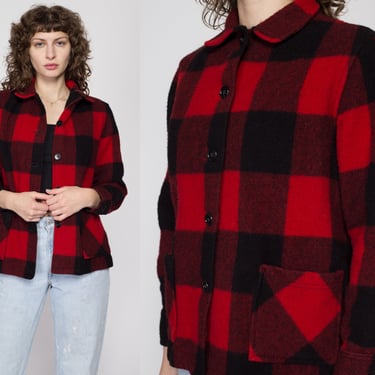Petite Medium 60s 70s Buffalo Plaid Wool Jacket | Vintage Black & Red Button Up Lumberjack Overshirt Shacket 