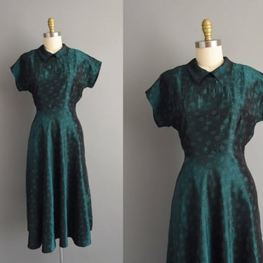 1950s vintage dress | Outstanding Jewel Tone Green Floral Dress | Medium | 50s dress 