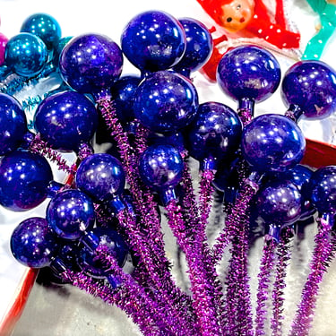 VINTAGE: 6pc - Unique Hand Blown Dark Purple Glass Ball Picks - Christmas Ball Picks - Glass Stems - Christmas Ornament, Corsage, SKU 