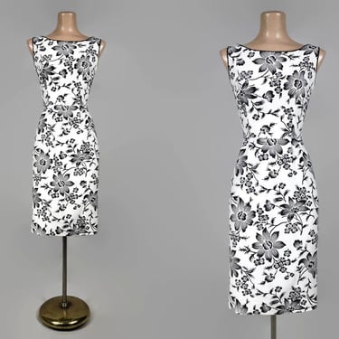 VINTAGE 50s 60s Black and White Floral Print Cotton Pique Wiggle Dress by Aldens | 1950s 1960s Curvy MCM Pencil Dress | vfg 