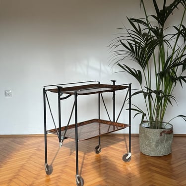 Mid Century Modern Brown Foldable Serving Bar Cart / Vintage Folding Trolley / Drinks and Food Trooley / Made in Germany / 1970s 