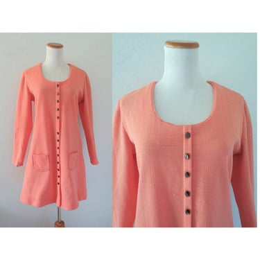 Vintage 60s Mod A-line Dress 70s Pastel Peach Mini Long Sleeves Front Pockets Size Large L 