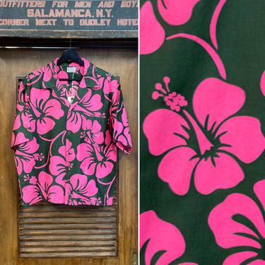 Vintage 1960’s Wild Neon Pink Floral Mod Tiki Polished Cotton Hawaiian Shirt-Jac Shirt, 60’s Vintage Clothing 